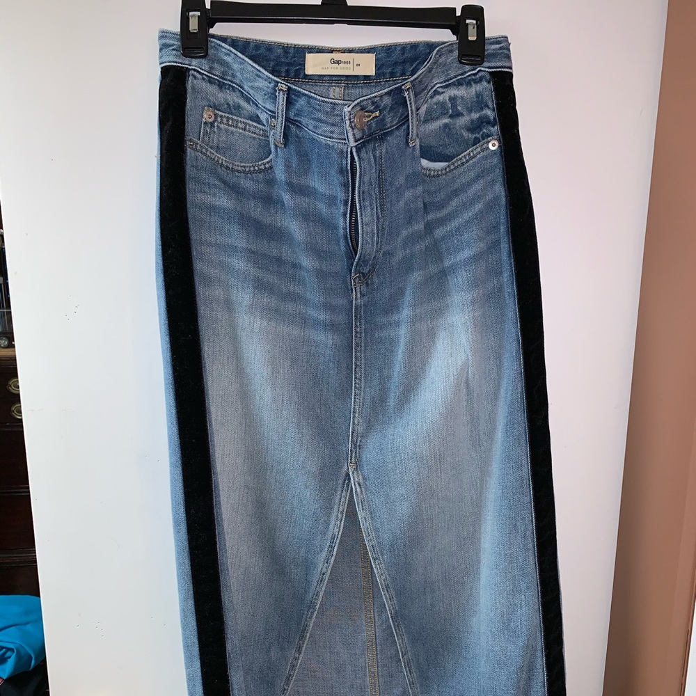 Velvet Trim Long Denim Skirt